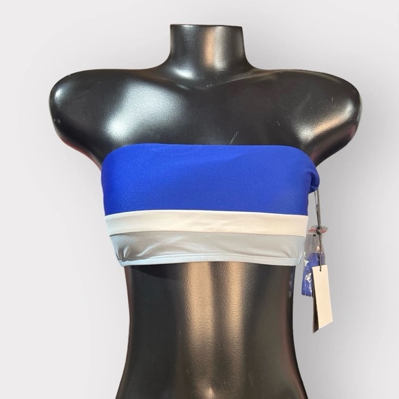 P172 DKNY NEW Straps/Strapless Bandeau Swim Top Blue Color-block Large Auction - Picture 1 of 3